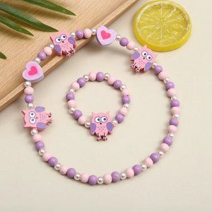 Wooden Beaded Handmade Owls & Hearts Necklace & Bracelet Set